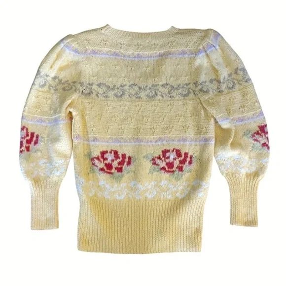 VTG 70s Yellow Pink Floral Cable Knit Vneck Sweater Large *Fits like Small - Picture 13 of 16